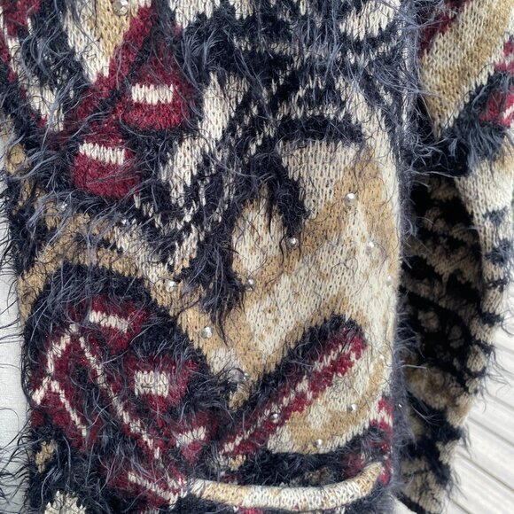 NWOT BCBGMaxazria Fuzzy Eyelash Tribal Cardigan Sz M Burgundy Black Duster Gems - Picture 6 of 15